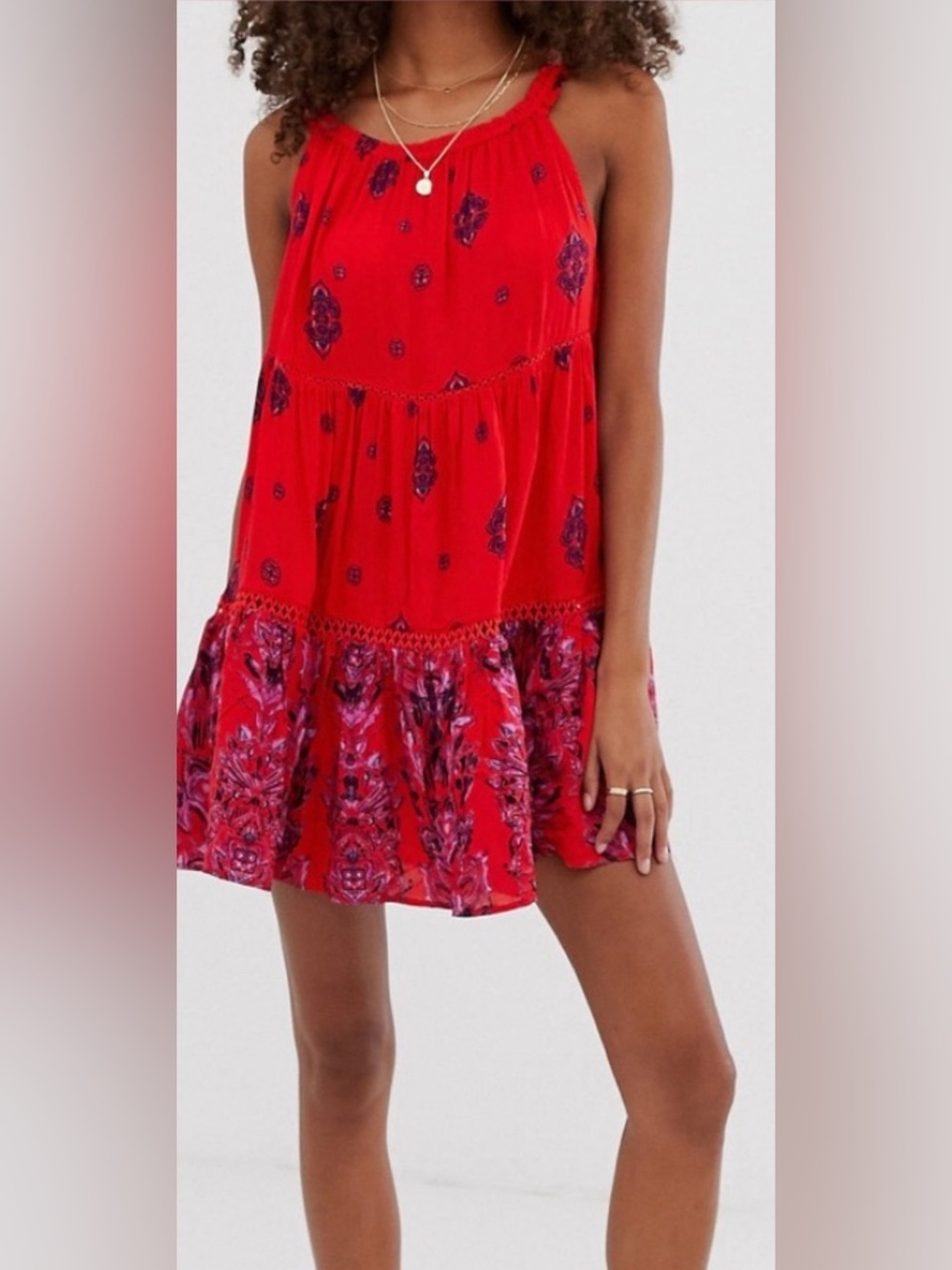 Free People (Intimately) Red Floral-Accented Tiered Mini Dress Women’s Size M - Picture 2 of 8